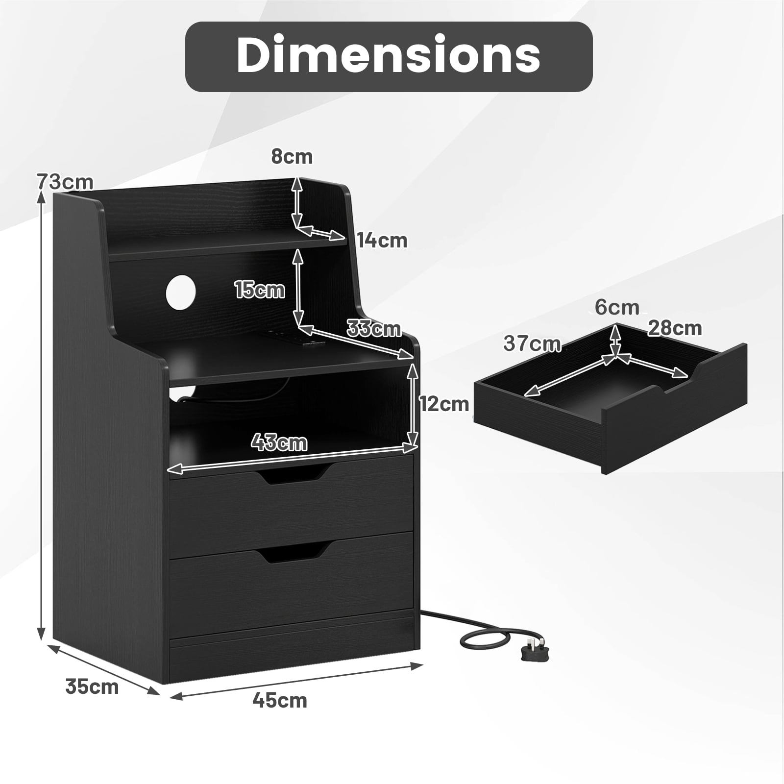 LED Nightstand with Charging Station 2-Drawer Bedside Table with Open Shelf-Black