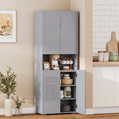 The kitchen furniture is shown in a domestic setting, with a coffee machine and mugs on display inside