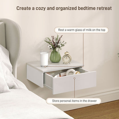 HOMCOM Floating Bedside Table Set of 2, Wall-Mounted Nightstand with High Gloss Finish & Storage Drawer, White