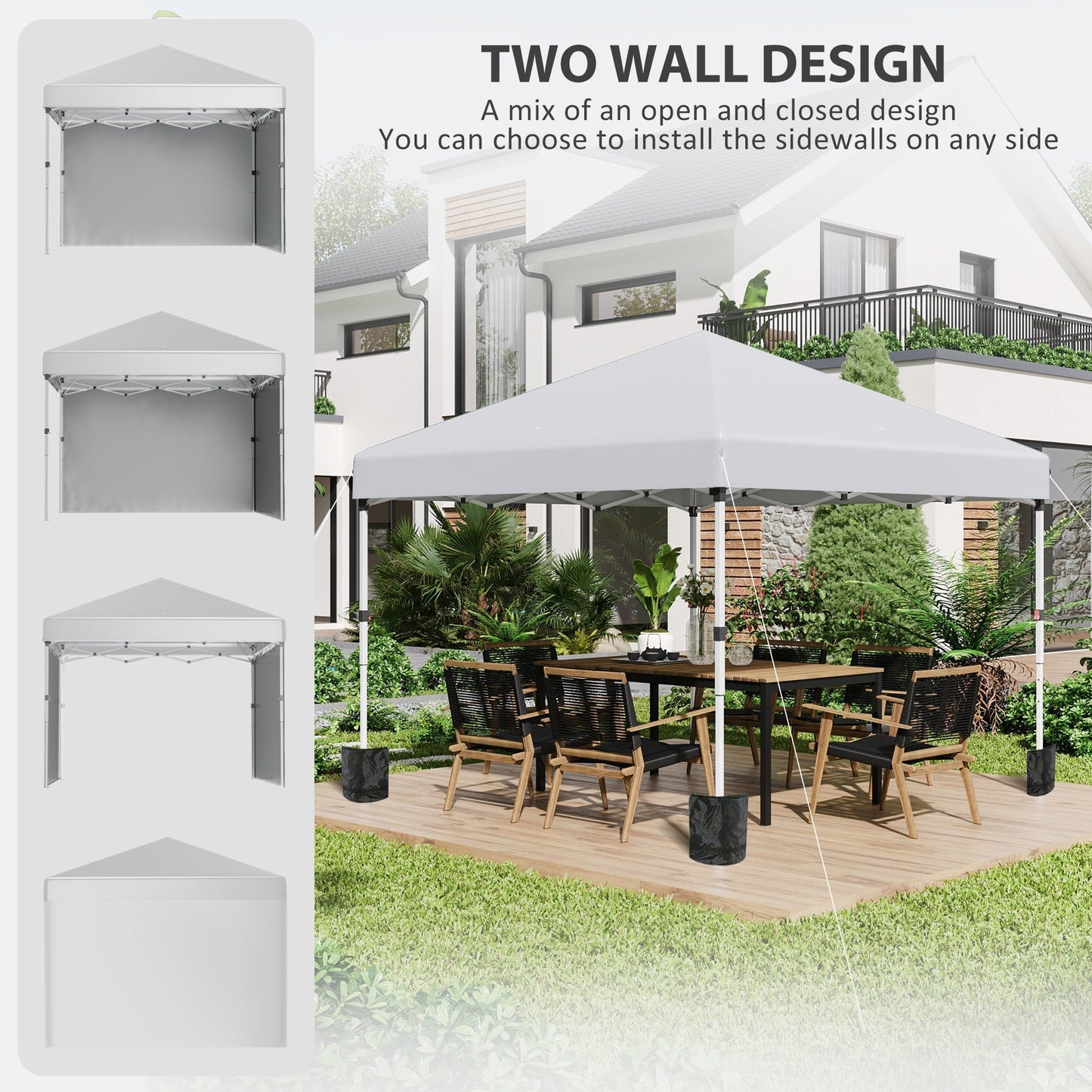 Outsunny 3 x 3 (M) Pop Up Gazebo, UPF 30+ with 2 Sidewalls, Leg Weight Bags and Wheeled Bag, Height Adjustable Party Tent Event Shelter for Garden, Patio, White