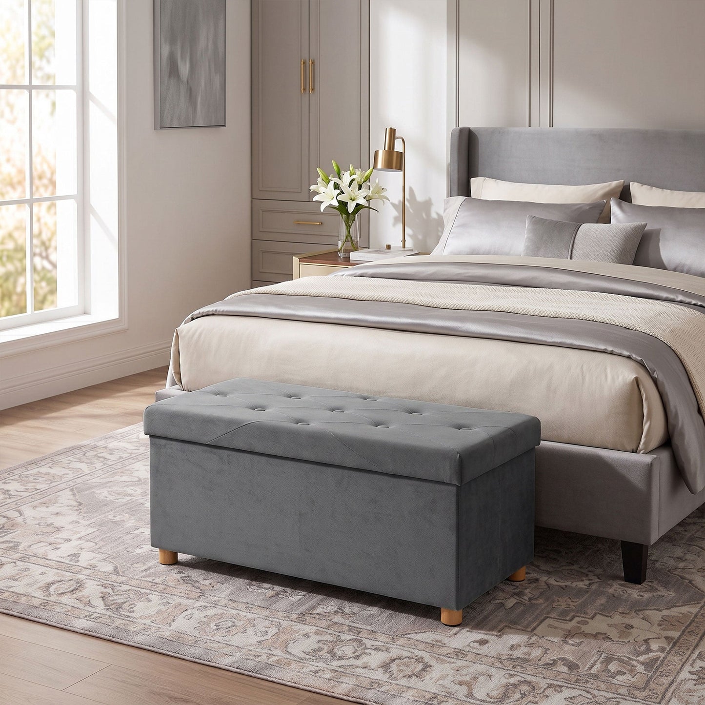 HOMCOM Velvet Upholstered Foldable Ottoman Footrest, Storage Ottoman Bench with Wood Legs for Living Room, Grey