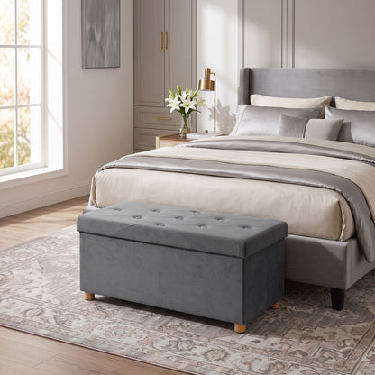 HOMCOM Velvet Upholstered Foldable Ottoman Footrest, Storage Ottoman Bench with Wood Legs for Living Room, Grey