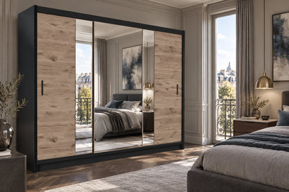 Lizbona II Mirrored Sliding Door Wardrobe 250cm (LIZBONA-II-250) in Black Matt and Oak Viking