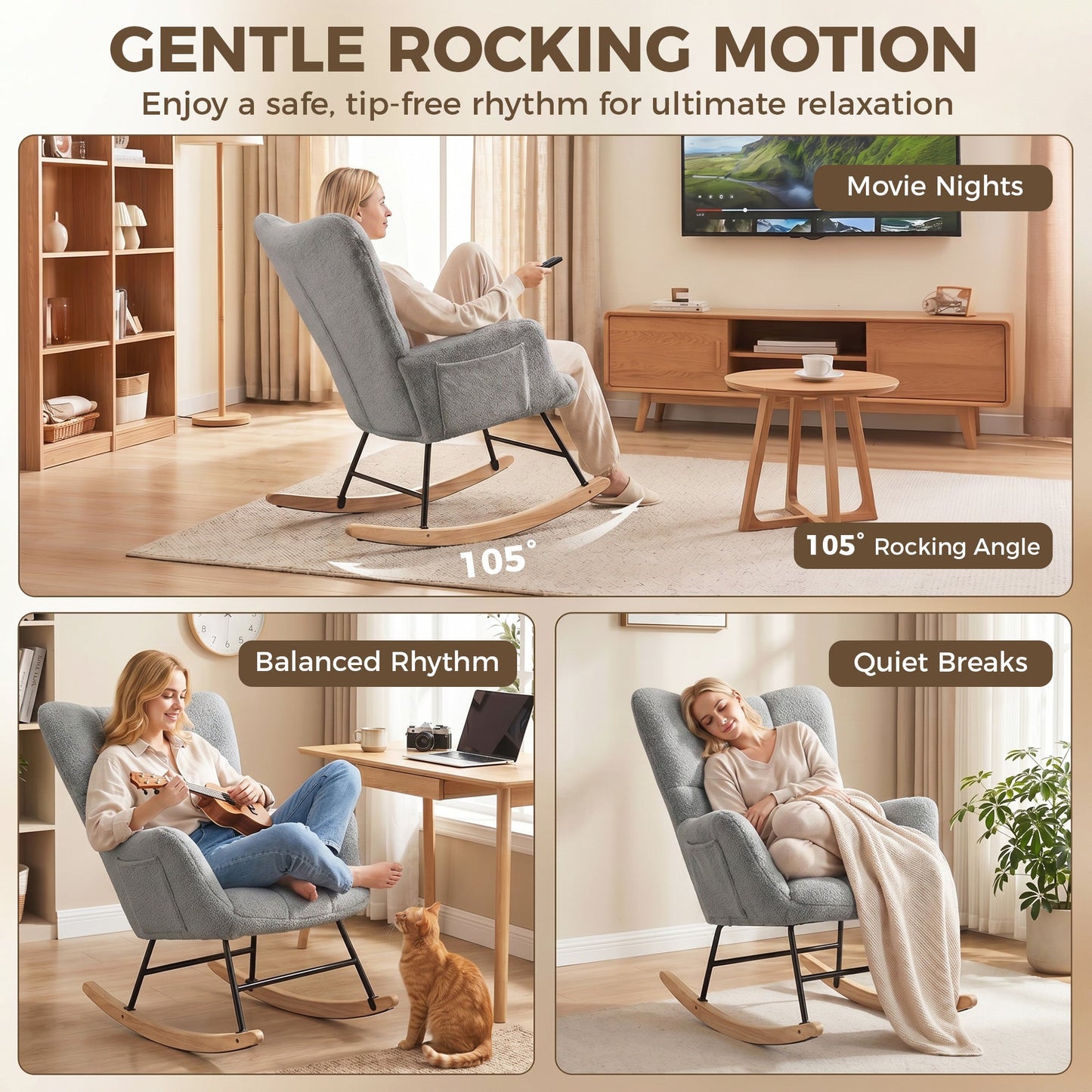 HOMCOM Rocking Chair, Teddy Fleece Rocker Chair with Tufted Wingback, Side Pockets, Rubber Wood Legs, Light Grey