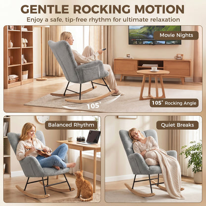 HOMCOM Rocking Chair, Teddy Fleece Rocker Chair with Tufted Wingback, Side Pockets, Rubber Wood Legs, Light Grey