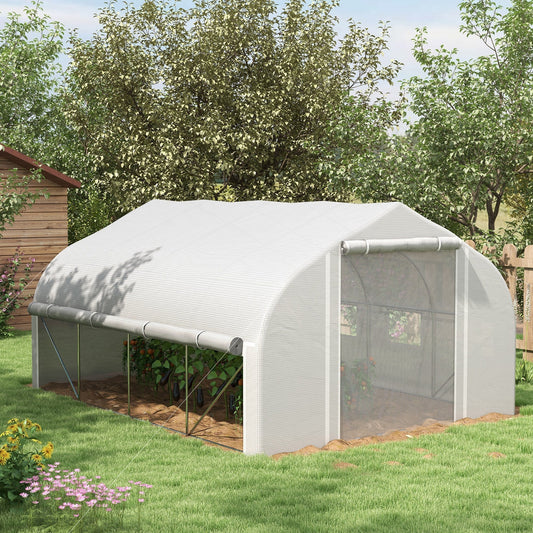 دفيئة Outsunny 4 × 3 (م) نفق بلاستيكي للمشي، جدران جانبية قابلة للطي بسحاب، باب شبكي، 8 نوافذ شبكية، خيمة دفيئة دافئة بنفق مع غطاء PE، ملصقات نباتات وقفازات مجانية، أبيض
