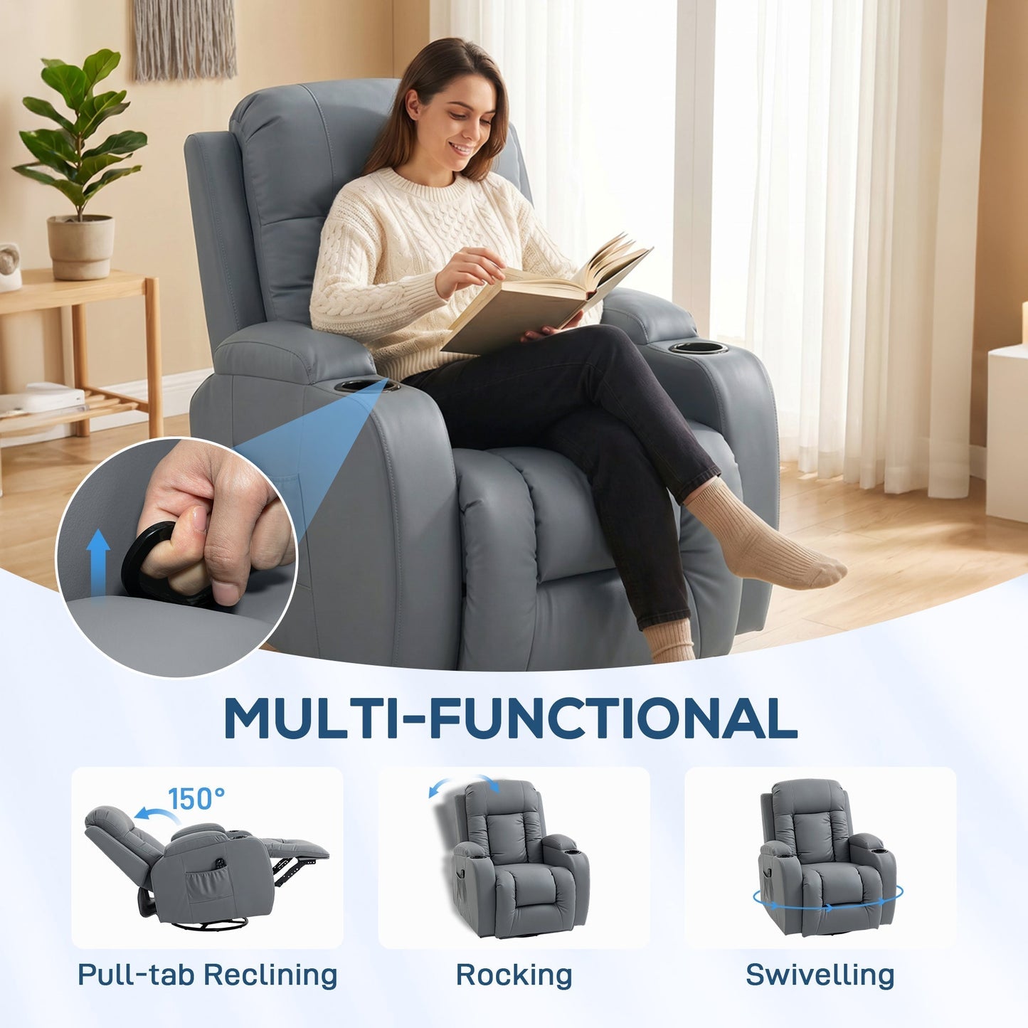 HOMCOM Massage Recliner Armchair, PU Leather Recliner Chair, Grey