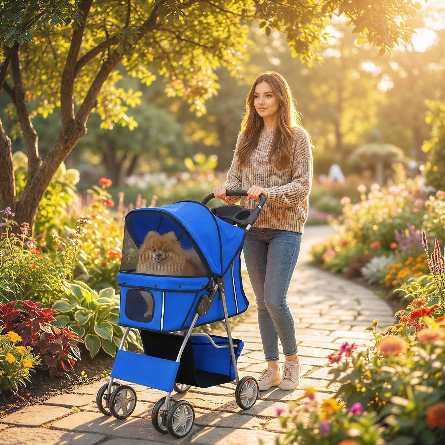 PawHut Dog Pram, Pet Stroller with Reflective Strips, Foldable Cat Stroller with 360 degrees Swivel Wheels, Blue