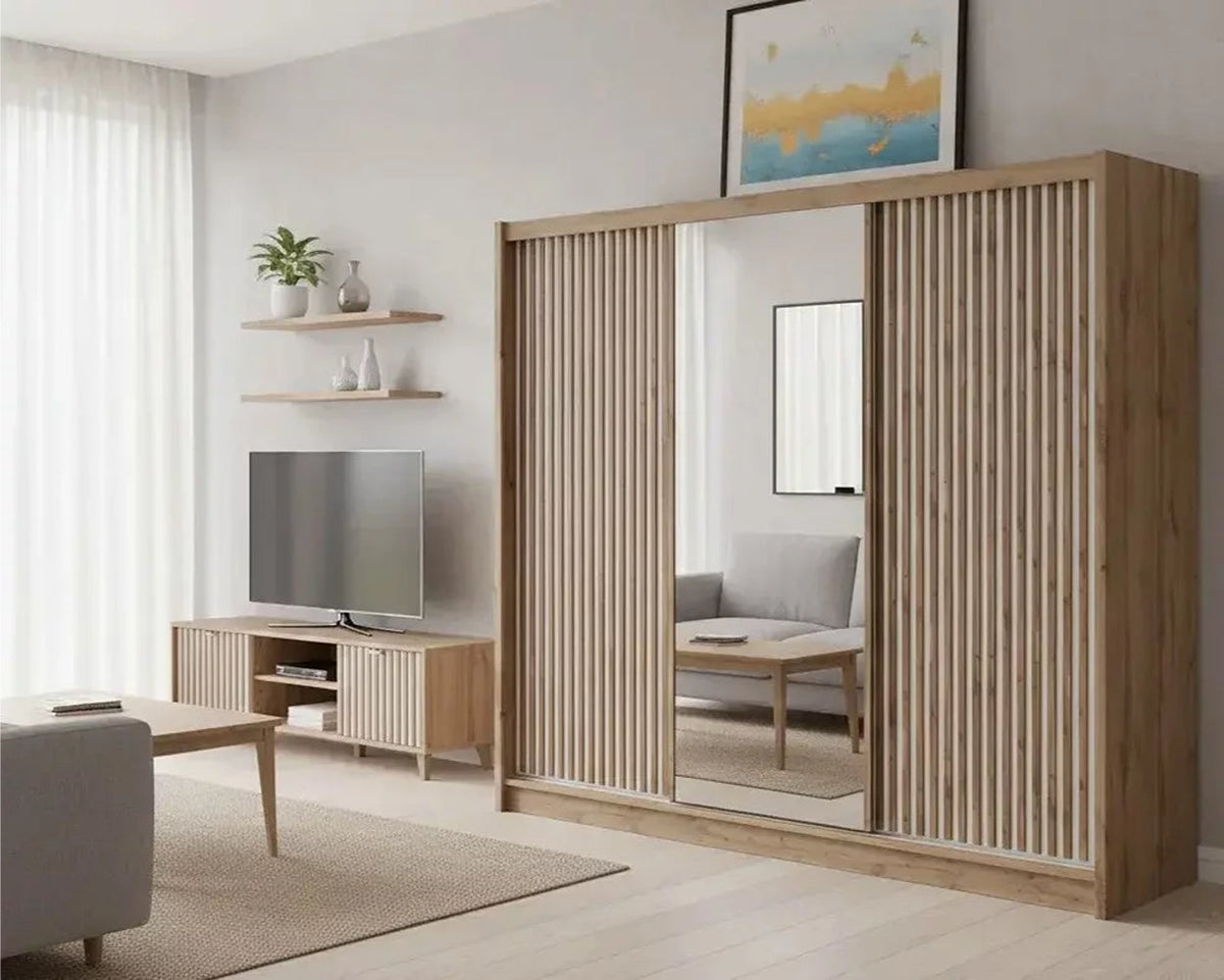 London Mirrored Sliding Door Wardrobe in Oak Wotan and White Matt
