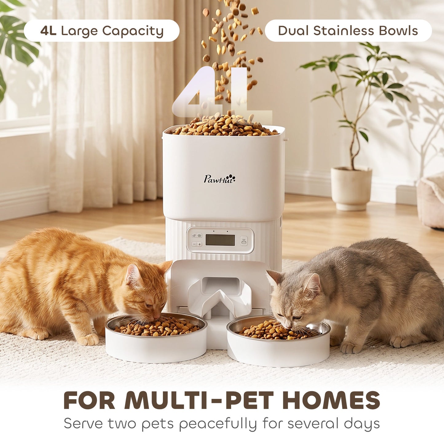 PawHut Automatic Cat Feeder Timed Portion Control Pet Food Dispenser with 2 Stainless Steel Bowls