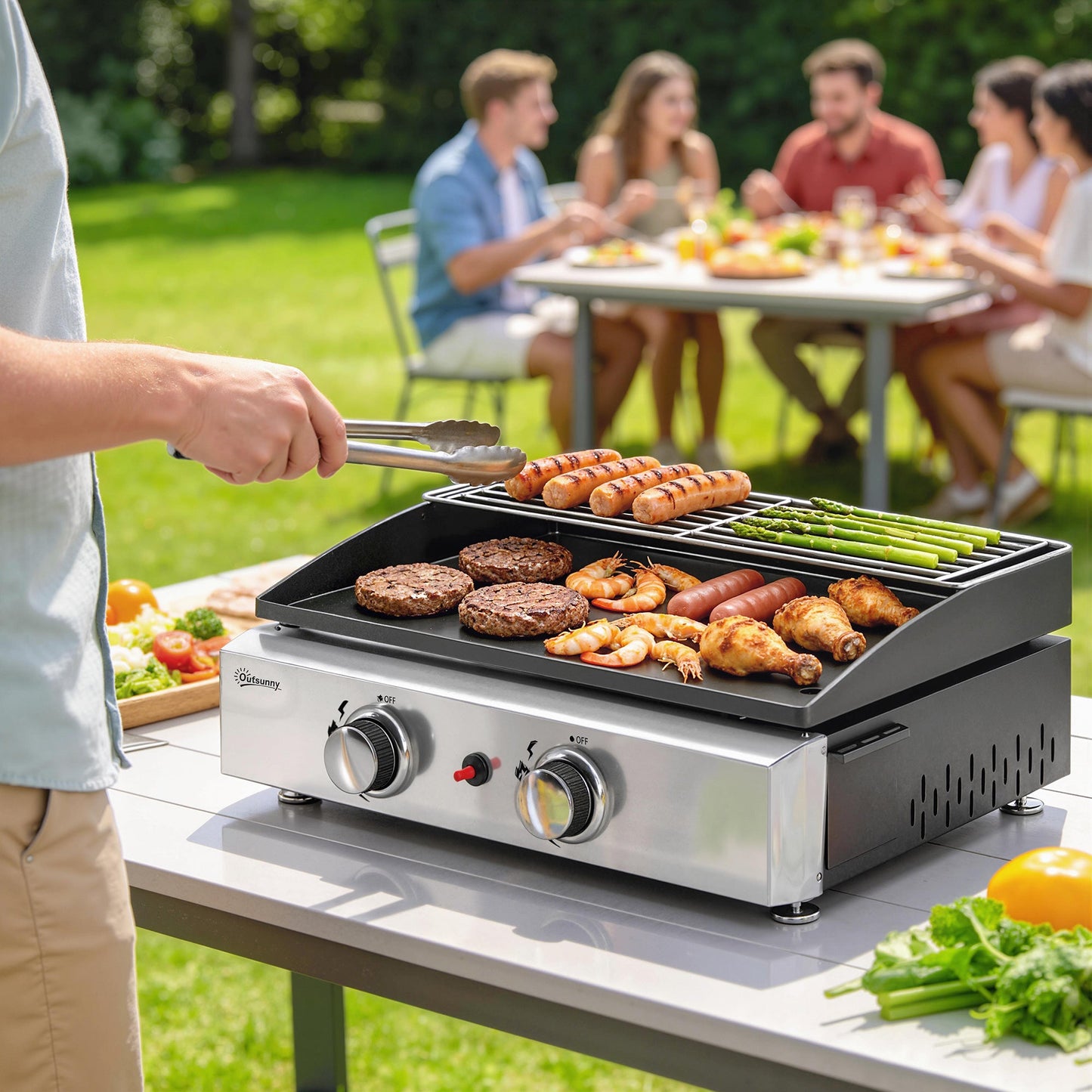 شواية مسطحة 2 شعلة من آوت ساني، شواية غاز محمولة مع رف تسخين، 5 كيلو واط، شواية غاز للمنضدة مع كوب شحوم، أسود