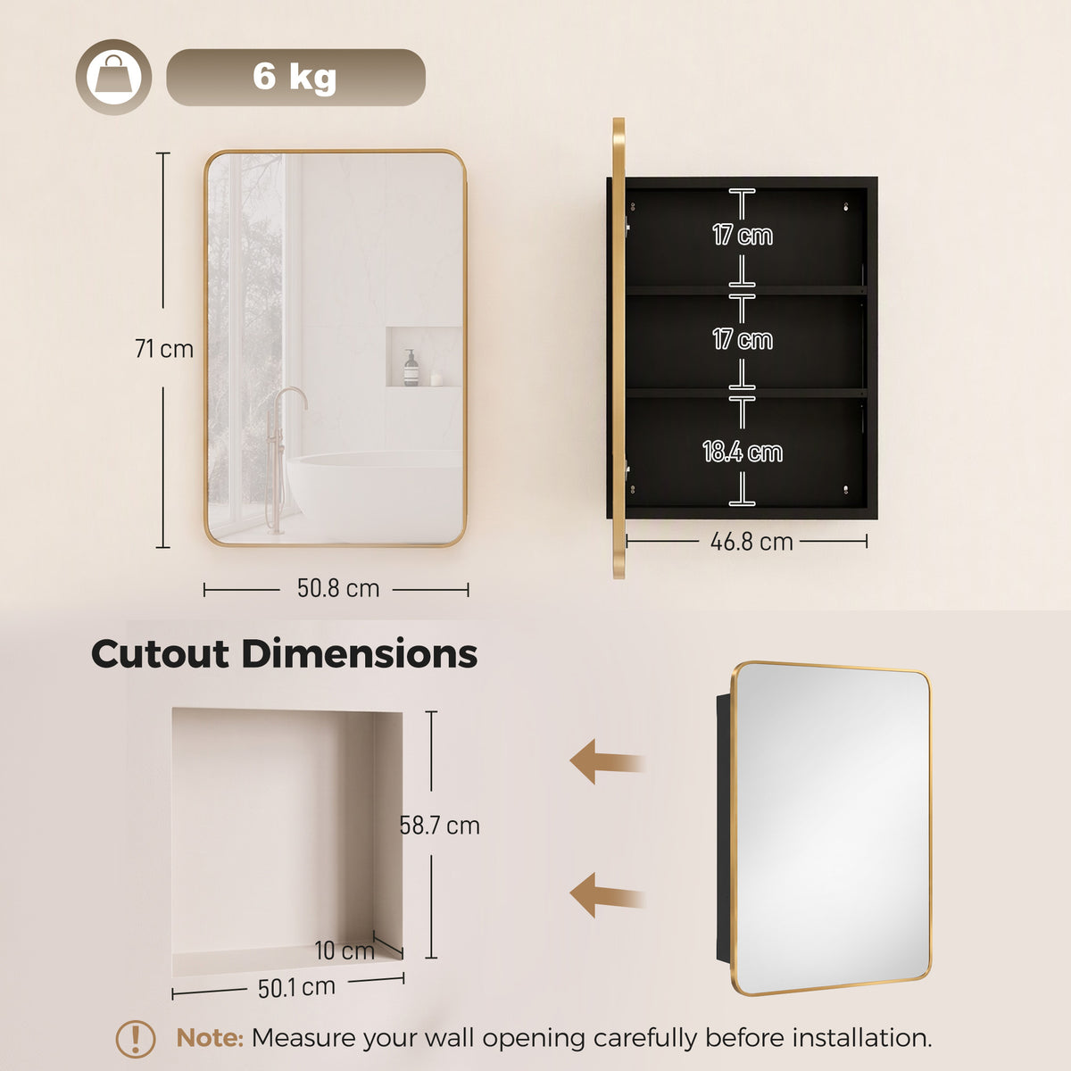 HOMCOM 50.8 x 11.6 x 71 cm Bathroom Mirror Cabinet, Wall Cabinet with Adjustable Shelves, Wall-Mounted or Recessed, Gold Tone