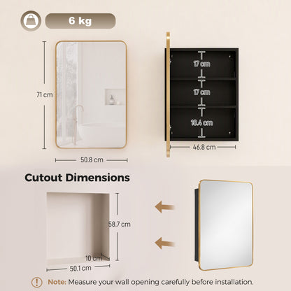 HOMCOM 50.8 x 11.6 x 71 cm Bathroom Mirror Cabinet, Wall Cabinet with Adjustable Shelves, Wall-Mounted or Recessed, Gold Tone