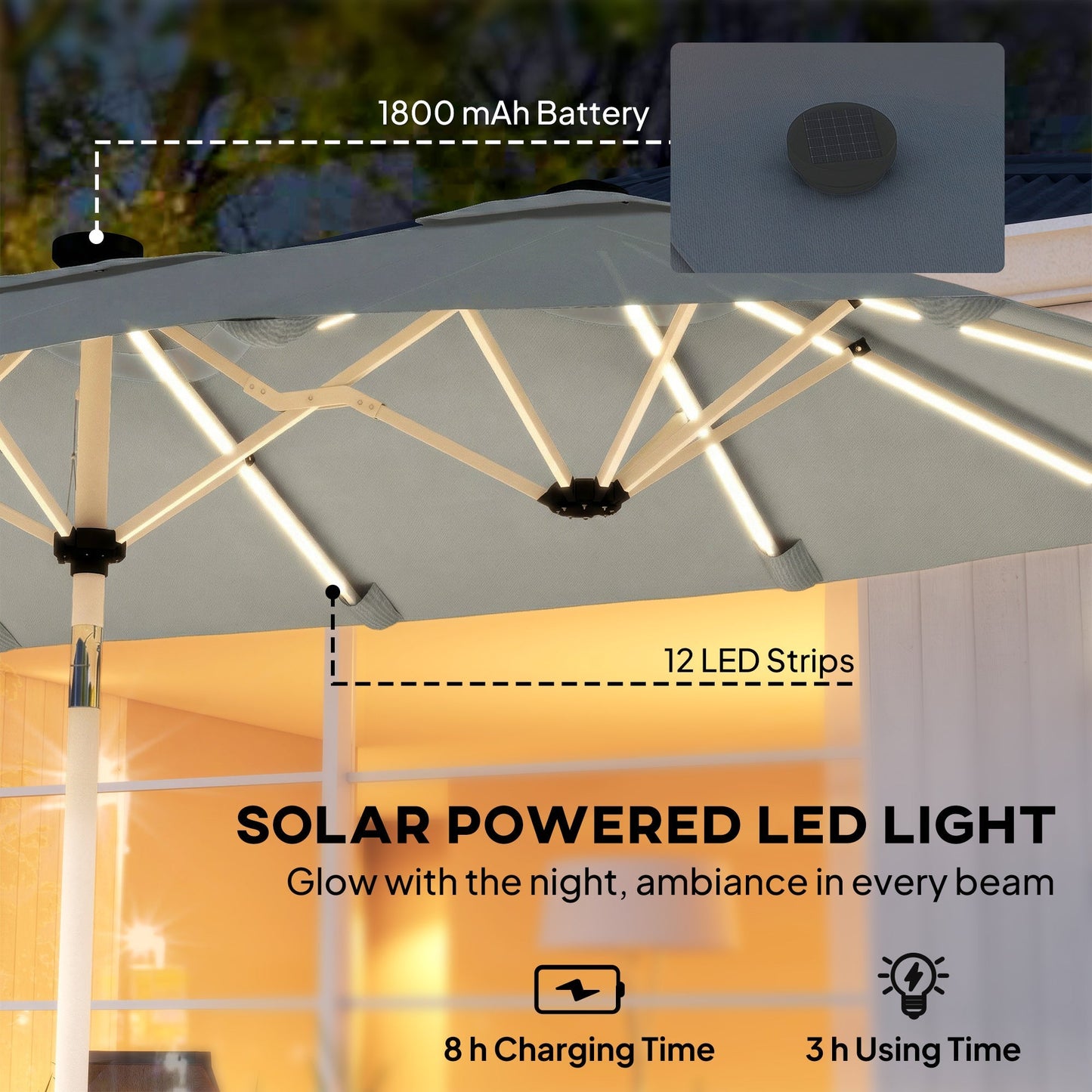 مظلة فناء مزدوجة الجوانب Outsunny بطول 3 متر مع مصابيح LED تعمل بالطاقة الشمسية، مظلة شمسية كبيرة جدًا للاستخدام في الهواء الطلق مع مقبض تدوير، رمادية