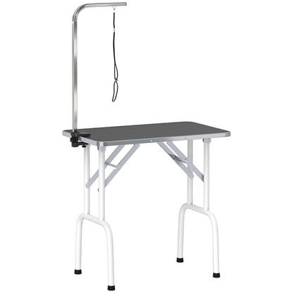 PawHut 32" Foldable Dog Grooming Table Pet Drying Beauty Table Adjustable Fixed Arm Rubber Top, Black