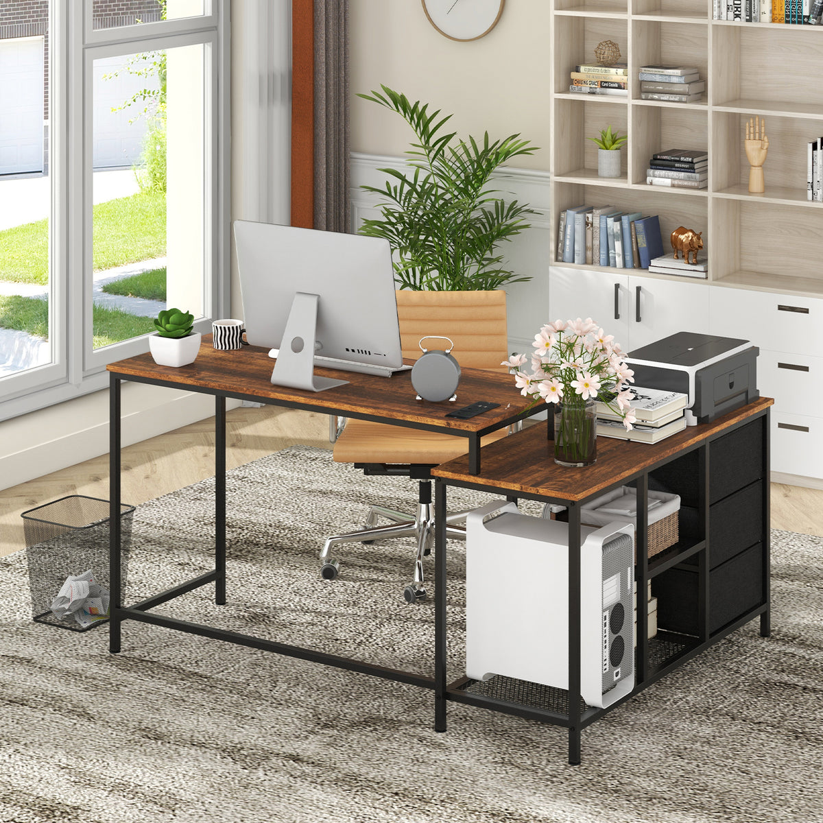 L-Shaped Computer Desk with Drawers Shelves and Charging Station-Rustic Brown