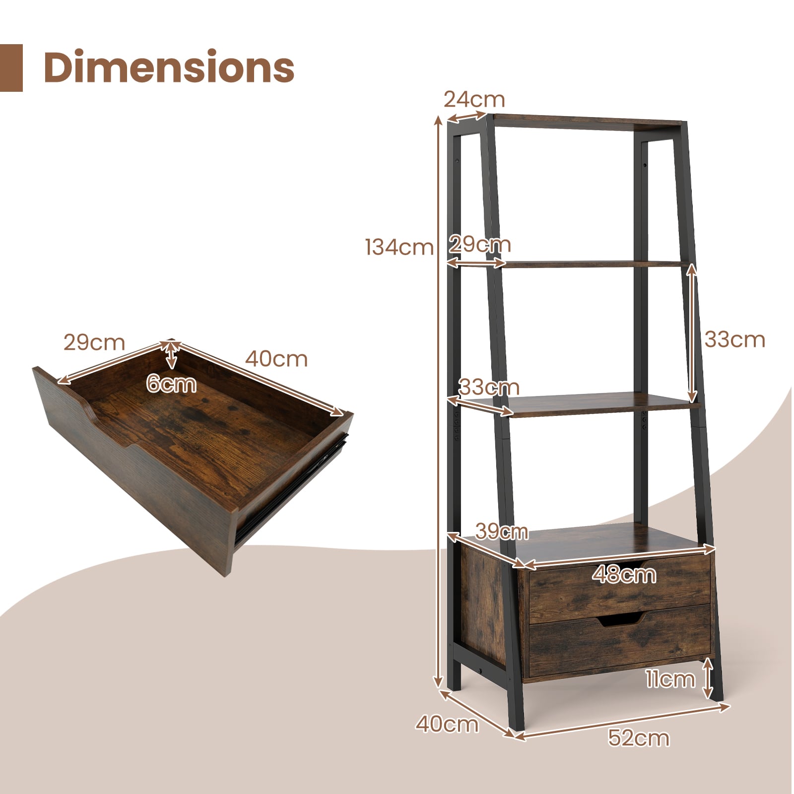 Ladder Bookshelf Tall Freestanding Display Rack with Storage-Rustic Brown