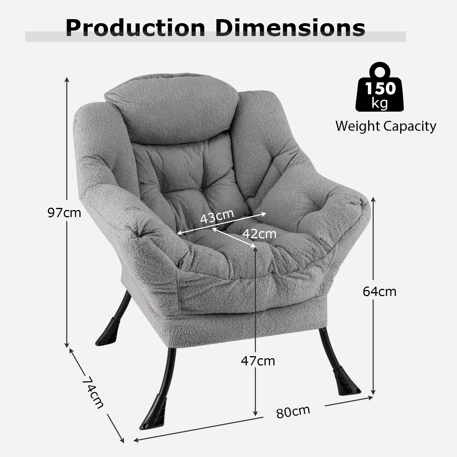 Large Lazy Chair with Cozy Head Pillow and Storage Pocket-Grey