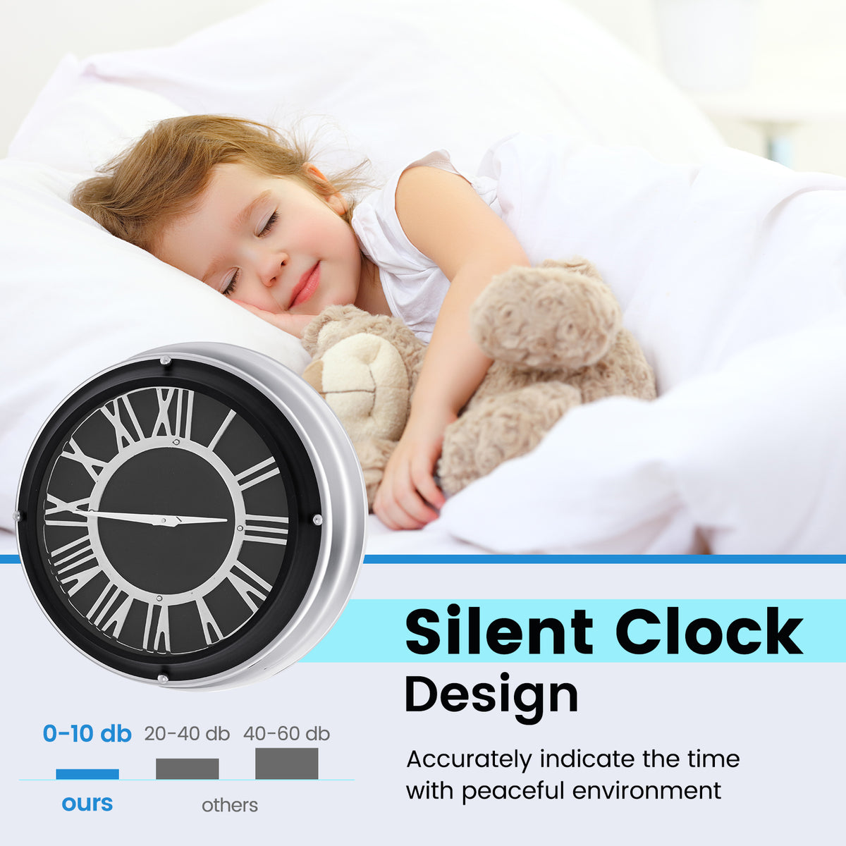 14/17.5 Inch Silent Wall Clock with Silver Frame-L
