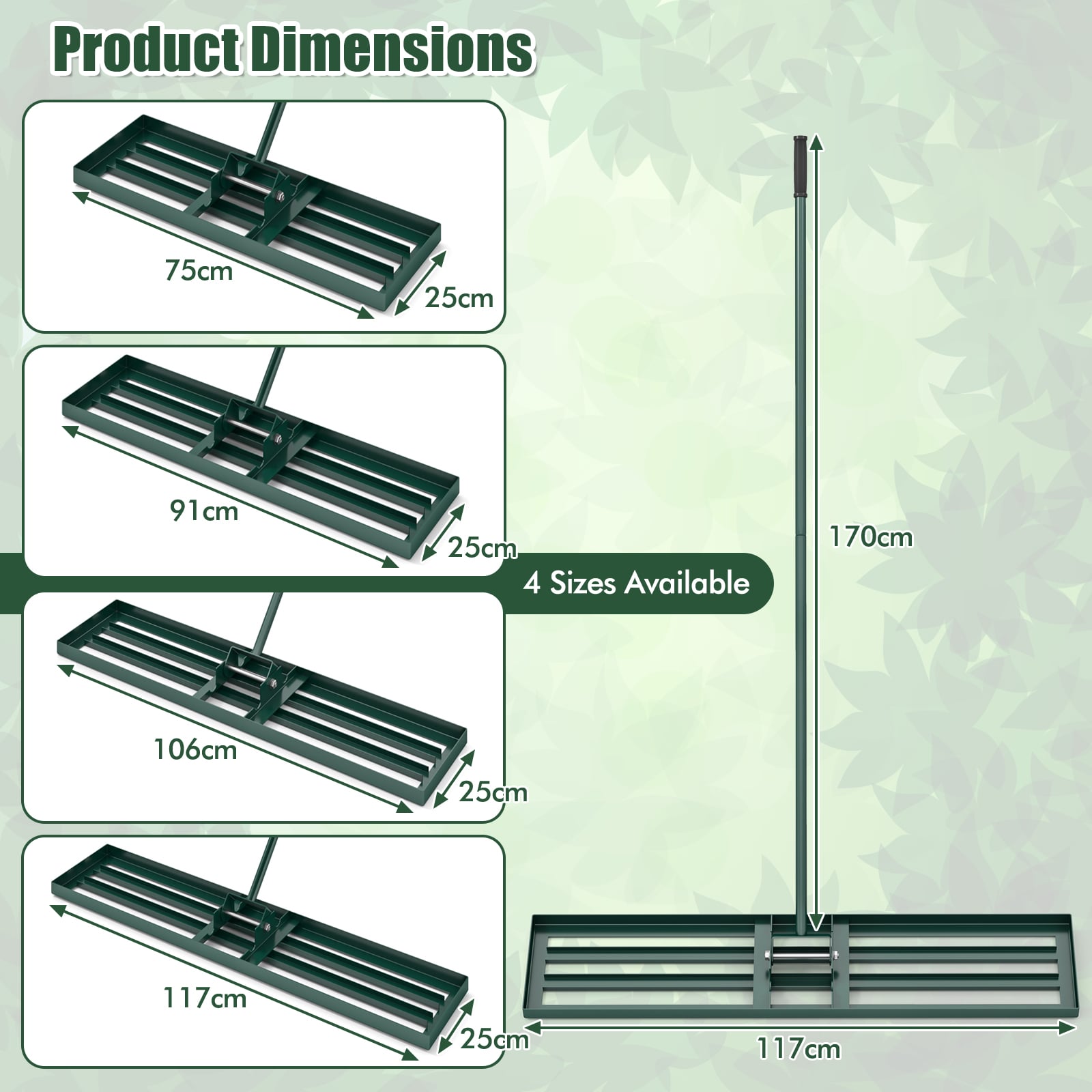 75/91/106 x 25cm Lawn Leveling Rak with Ergonomic Handle-117 x 25 cm-Green