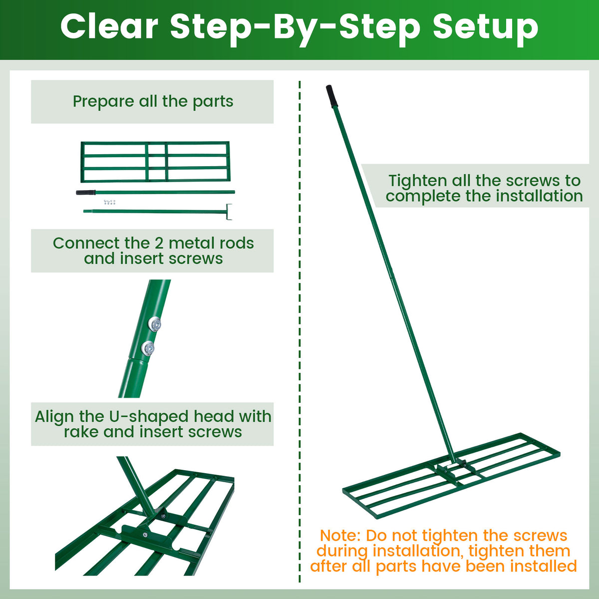 Lawn Leveling Rake with Adjustable Handle and Rotating U-Head for Topsoil-Green