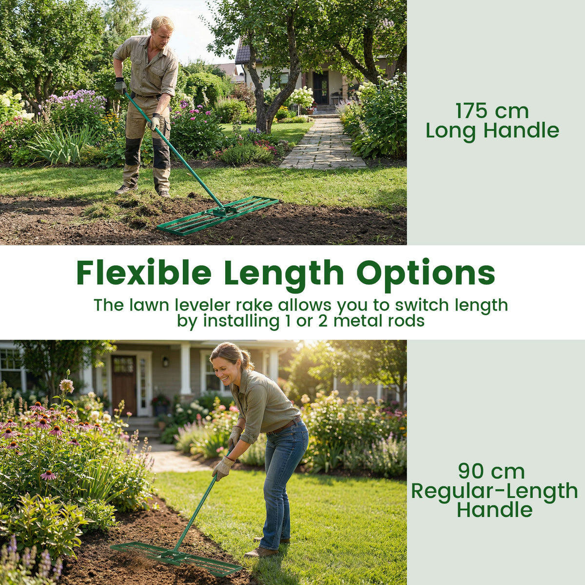 Lawn Leveling Rake with Adjustable Handle and Rotating U-Head for Topsoil-Green