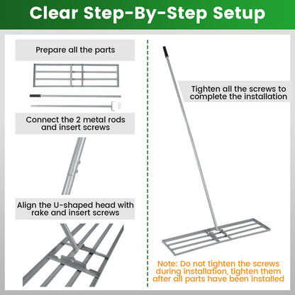 Lawn Leveling Rake with Adjustable Handle and Rotating U-Head for Topsoil-Silver