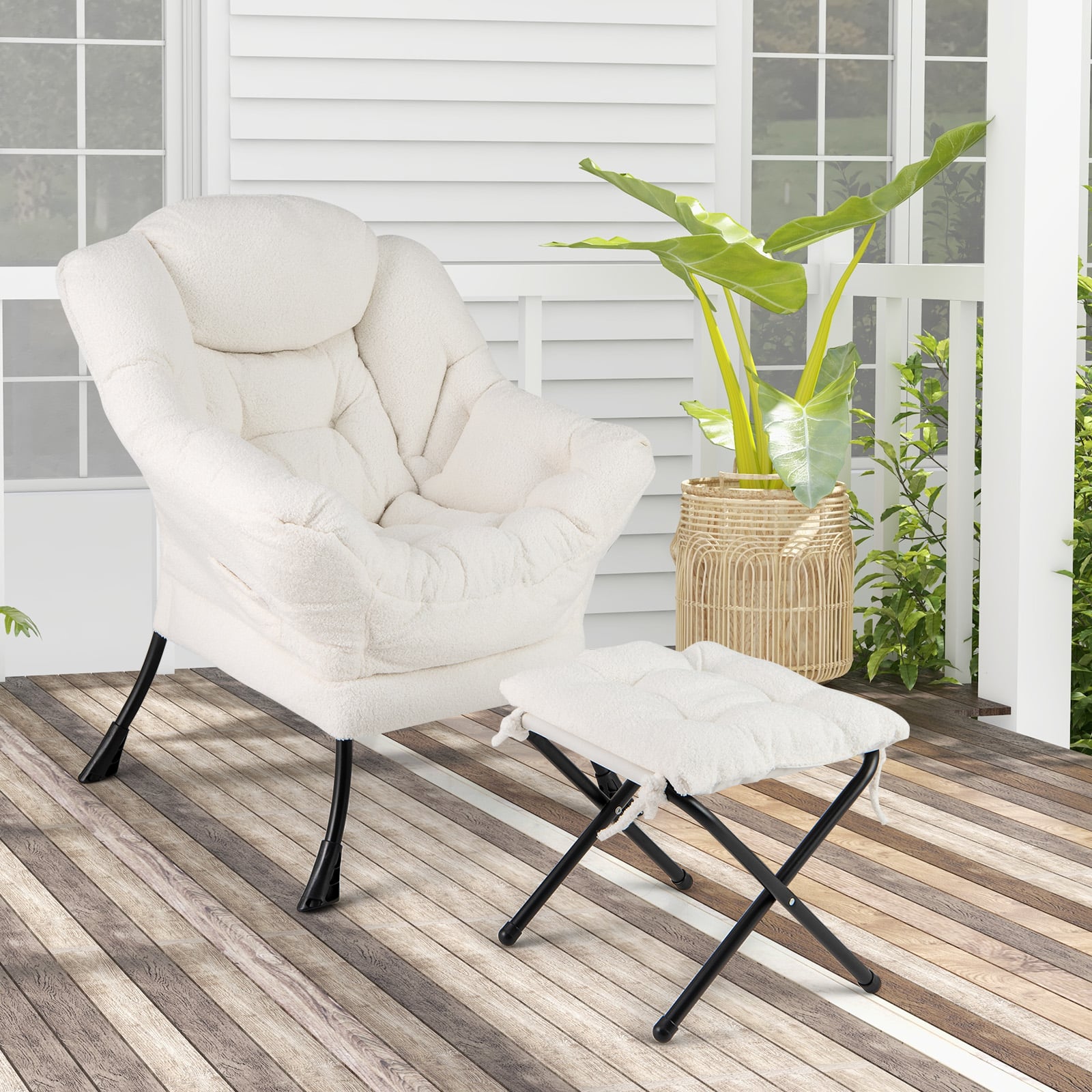 Lazy Chair with Ottoman and Folding Footrest for Living Room-Beige