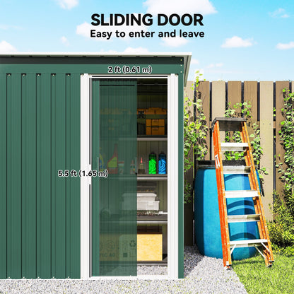 ساحة تخزين حديقة Outsunny مقاس 5 × 3 أقدام بباب منزلق وسقف مائل لأدوات ومعدات الحديقة الخارجية، أخضر