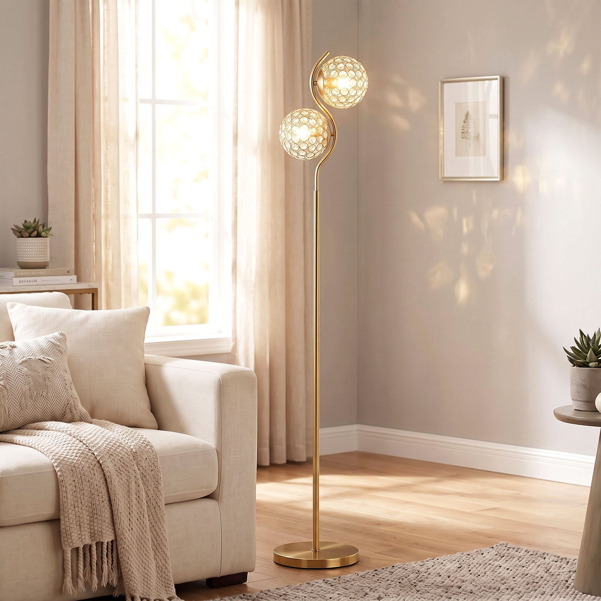 HOMCOM Floor Lamp with Crystal Globe Shades, Modern Dual Head Standing Lamp with Foot Switch and Weighted Base, Copper