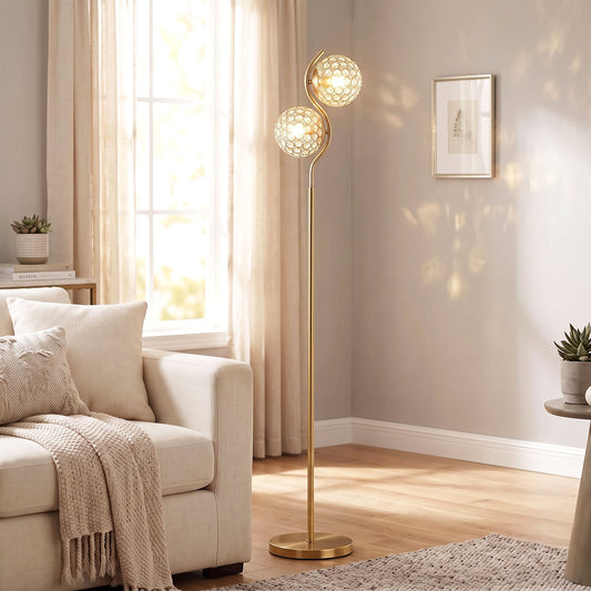 HOMCOM Floor Lamp with Crystal Globe Shades, Modern Dual Head Standing Lamp with Foot Switch and Weighted Base, Copper