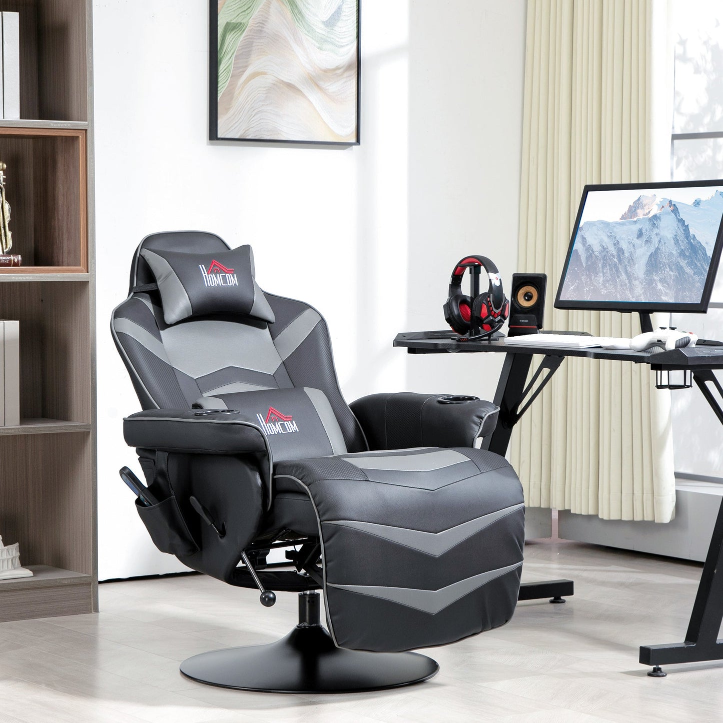 HOMCOM Small Leather Massage Recliner Chair with Ergonomic High Back Retractable Footrest Headrest Work Break Grey