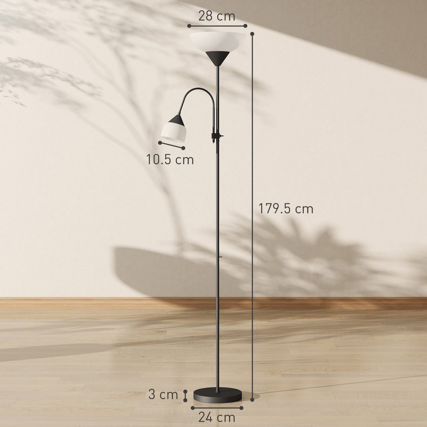 مصباح أرضي LED من HOMCOM لغرفة المعيشة، مصباح قائم طويل بطول 180 سم، مصباح إضاءة علوي للأم والطفل مع عنق مرن قابل للتعديل، 3000K/4500K/6500K درجات حرارة الألوان، أسود