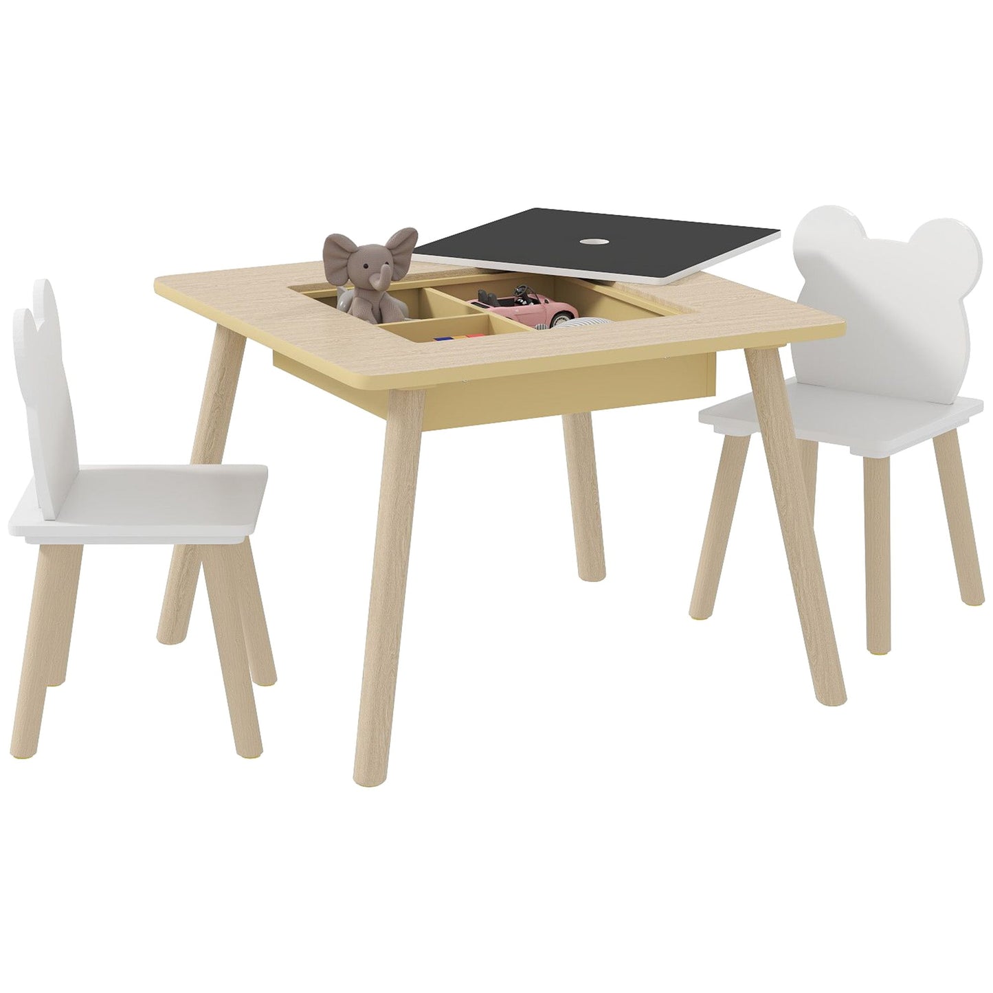 AIYAPLAY 3-Piece Kids Table and Chairs Set with Convertible Desk and Storage Grid, Kids Activity Table for Nursery, Playroom