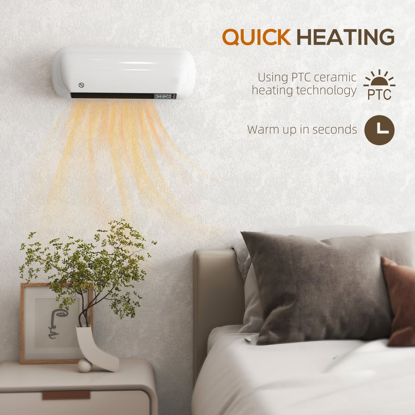 HOMCOM 2000W Ceramic Electric Heater with Fan, Adjustable Thermostat, Wall Mounted - White