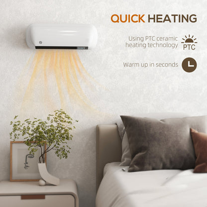 HOMCOM 2000W Ceramic Electric Heater with Fan, Adjustable Thermostat, Wall Mounted - White