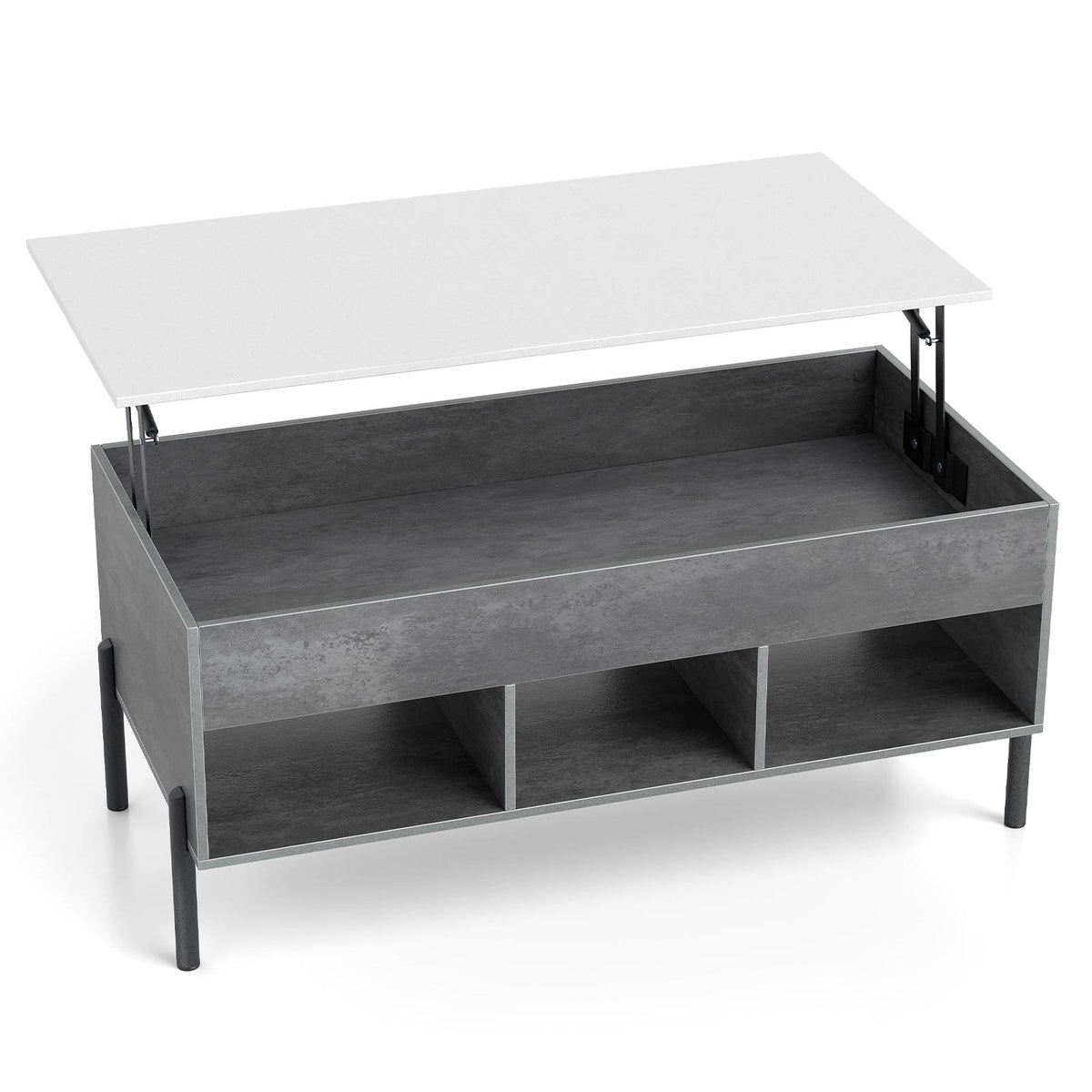 Lift Top Coffee Table with Large Hidden Compartment and 3 Open Cubbies-Grey