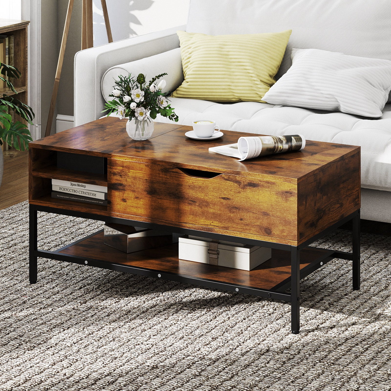 Lift Top Coffee Table with Hidden Compartment and Storage Shelf-Rustic Brown