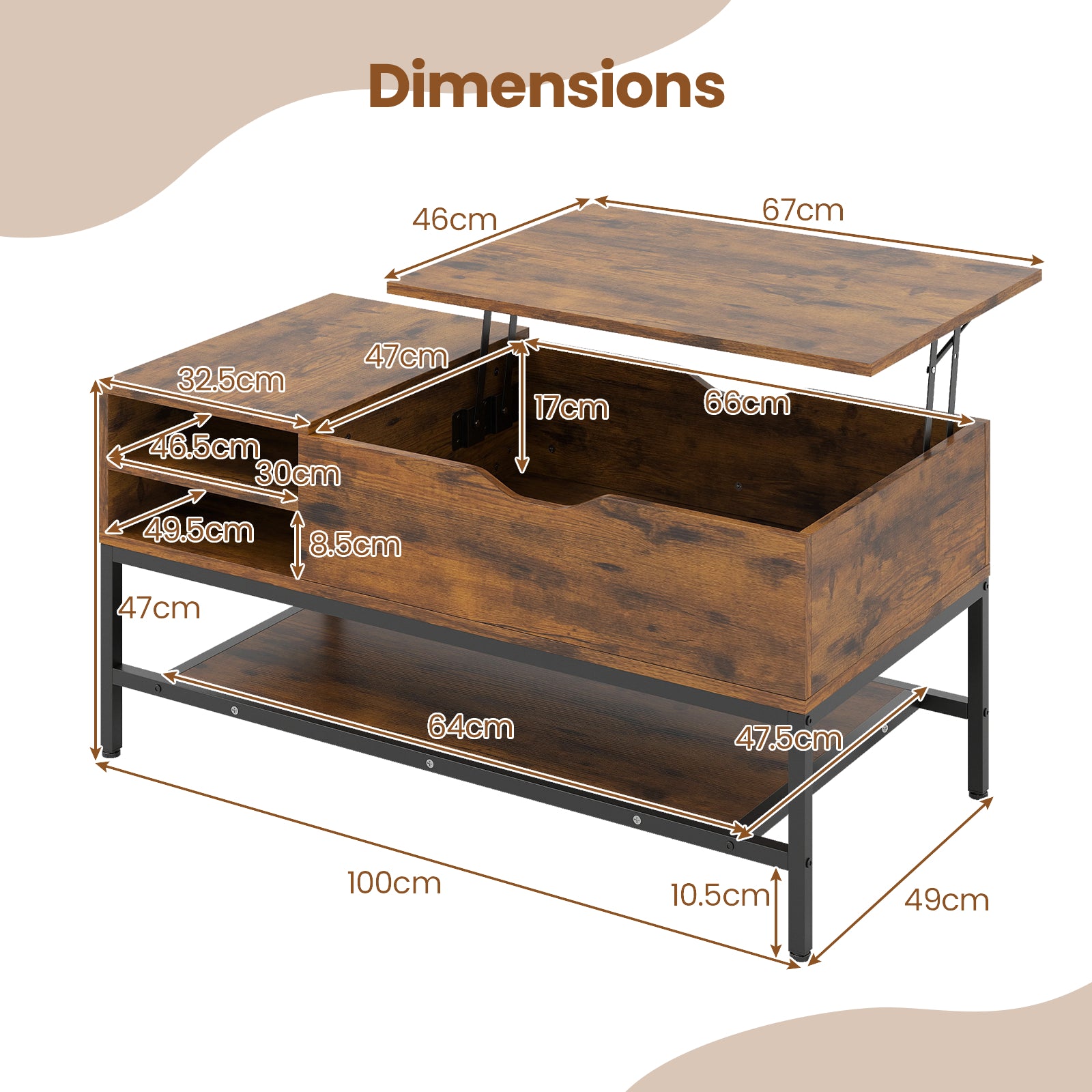 Lift Top Coffee Table with Hidden Compartment and Storage Shelf-Rustic Brown