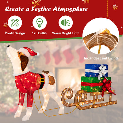 Pre-lit Lighted Christmas Dog Sleigh Gift Boxes Combo Decoration