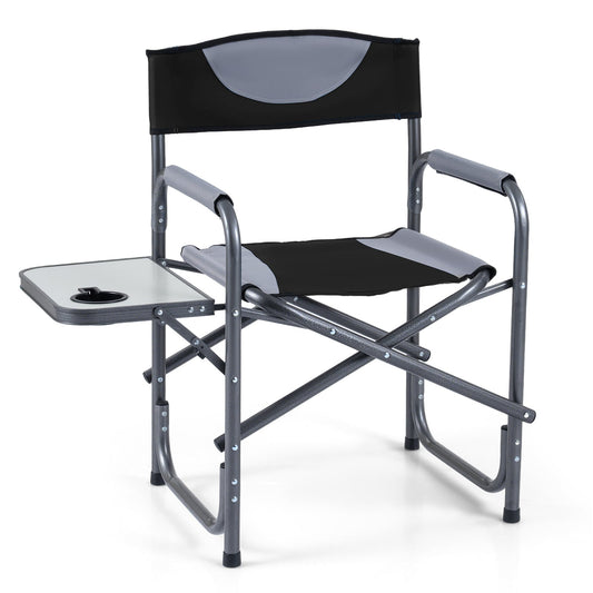 Lightweight Portable Directors Chair with Side Table and Cup Holder-Black