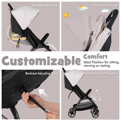 Lightweight Foldable Baby Stroller with Adjustable Backrest and Canopy-Beige