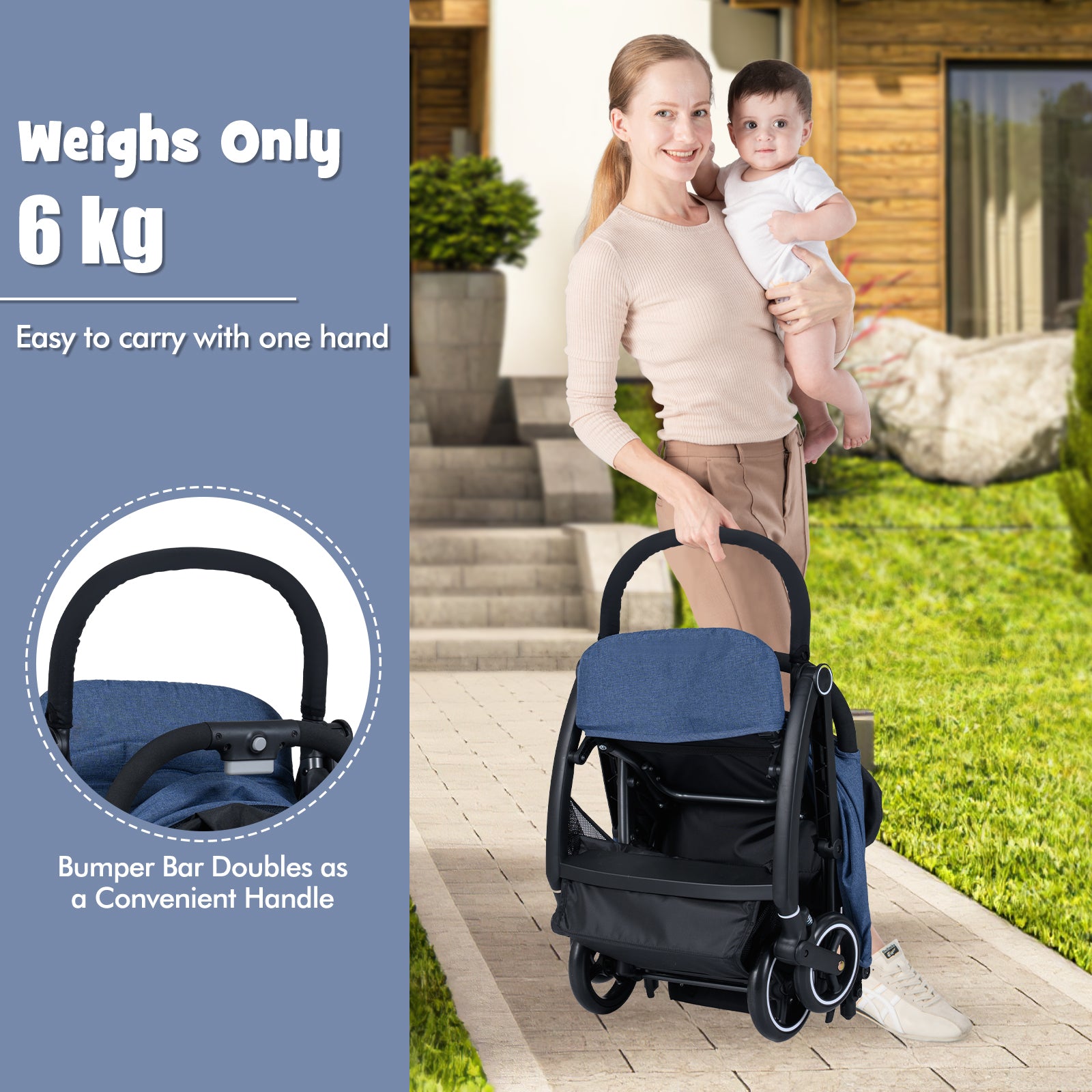Lightweight Foldable Baby Stroller with Adjustable Backrest and Canopy-Navy