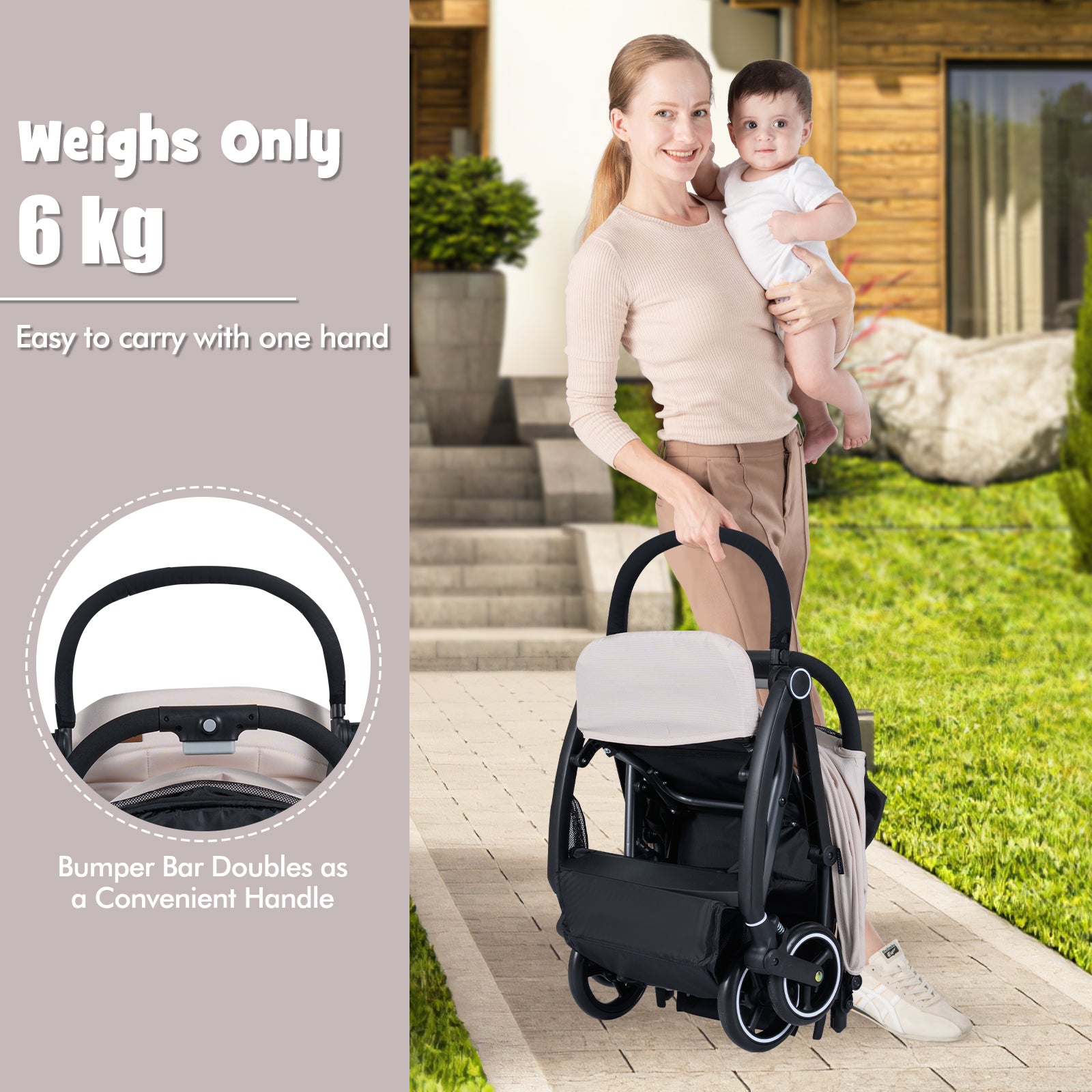 Lightweight Foldable Baby Stroller with Adjustable Backrest and Canopy-Beige