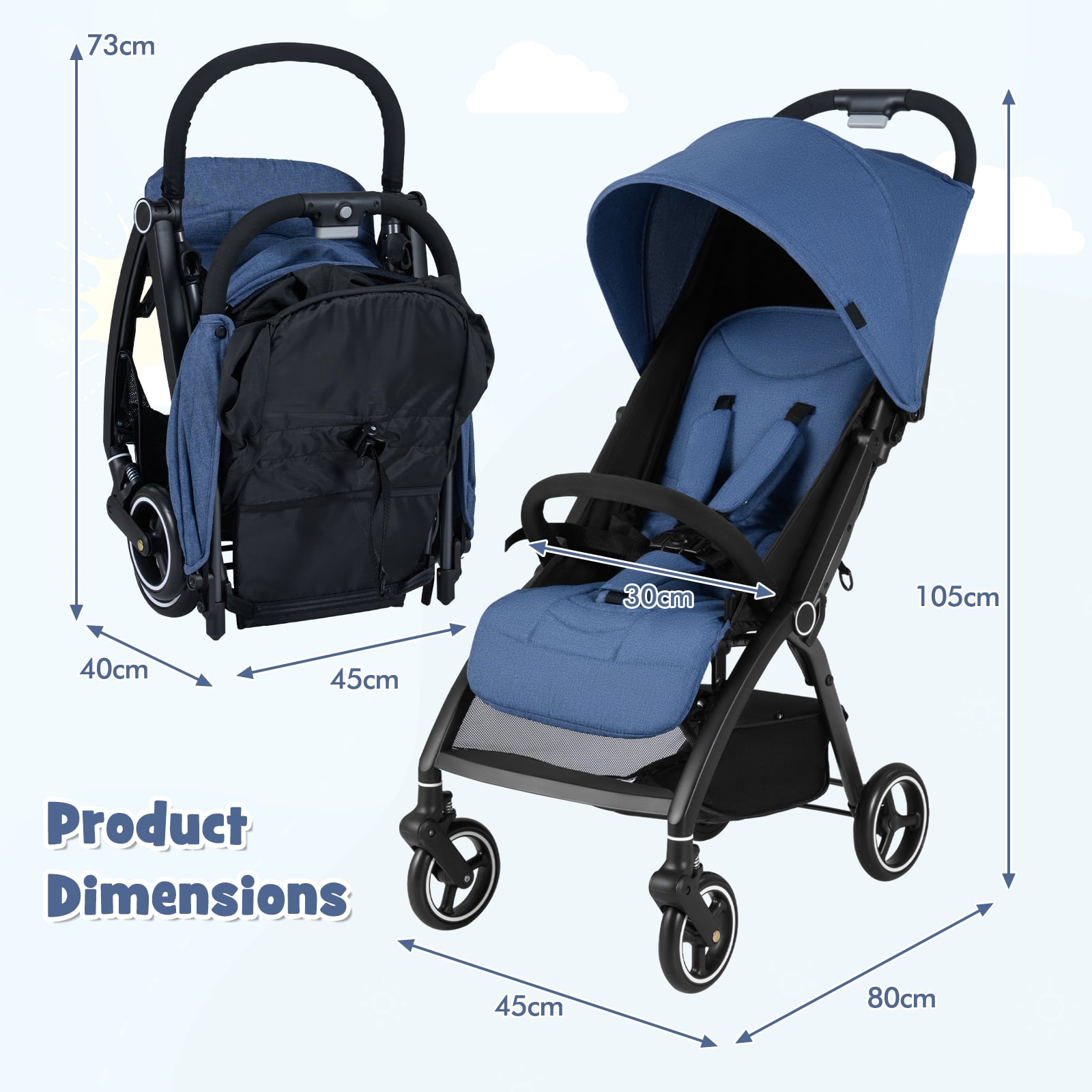 Lightweight Foldable Baby Stroller with Adjustable Backrest and Canopy-Navy