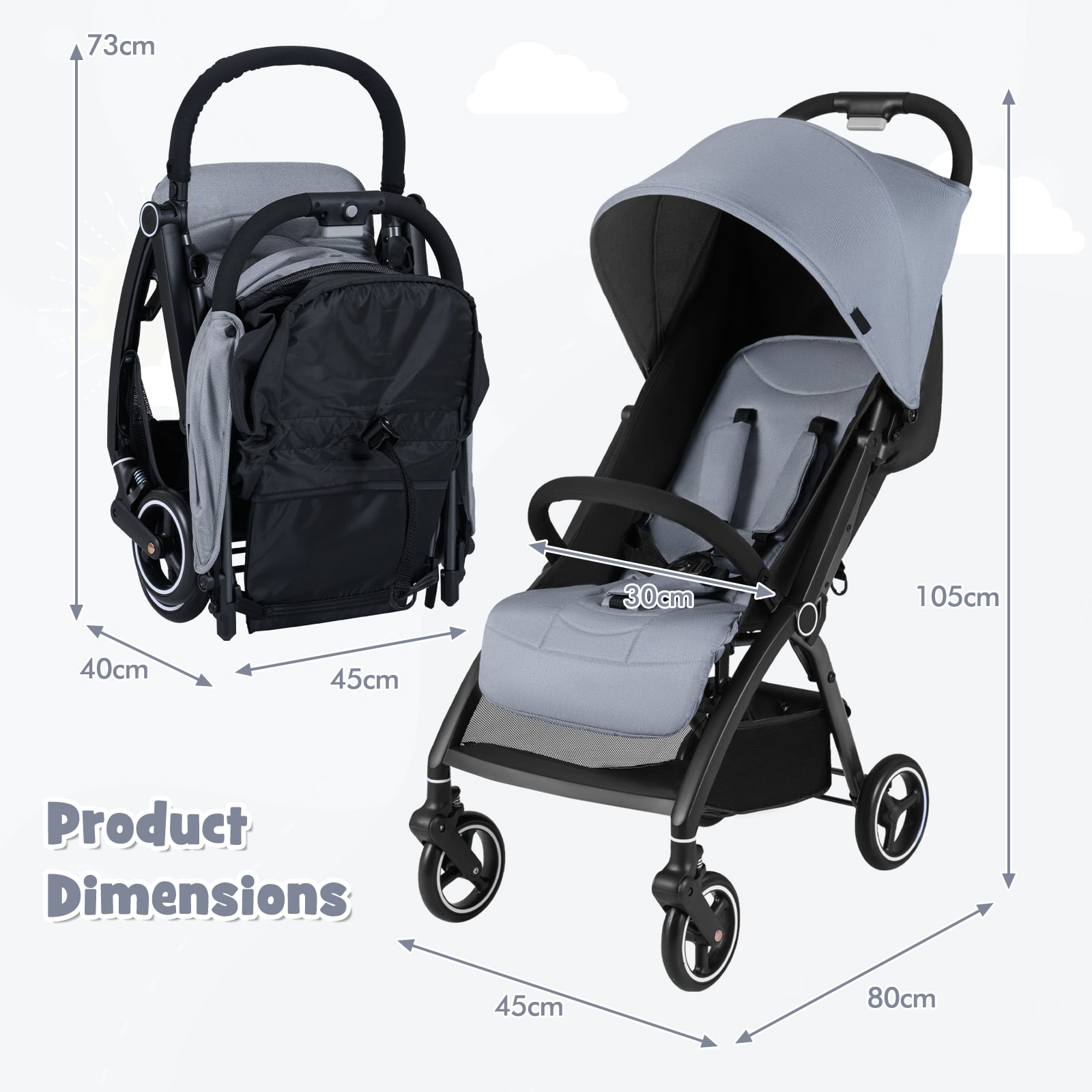 Lightweight Foldable Baby Stroller with Adjustable Backrest and Canopy-Light Grey