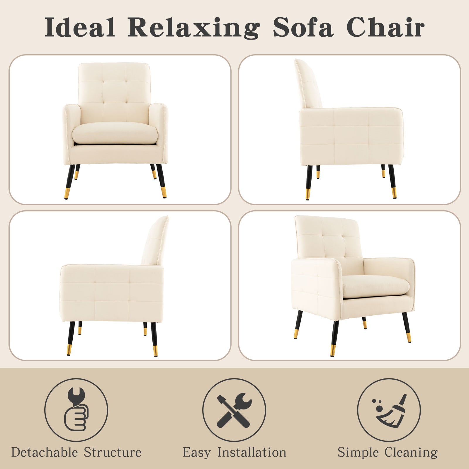 Linen Fabric Accent Chair Single Sofa with Removable Seat Cushion-Beige