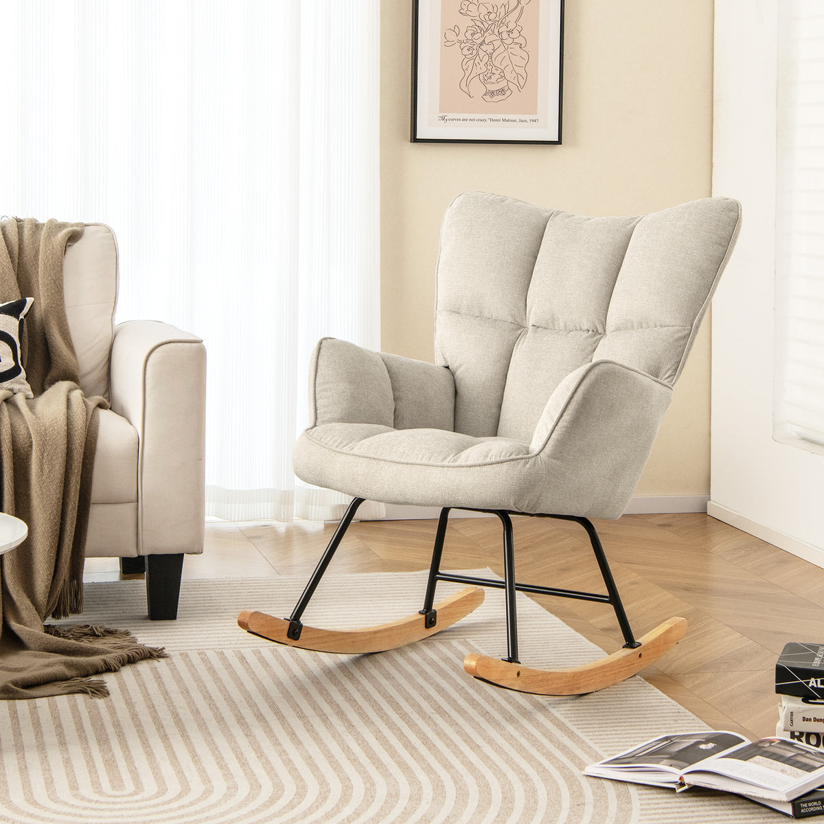 Linen Nursery Rocking Chair Modern Rocking Accent Chair with High Backrest-Beige