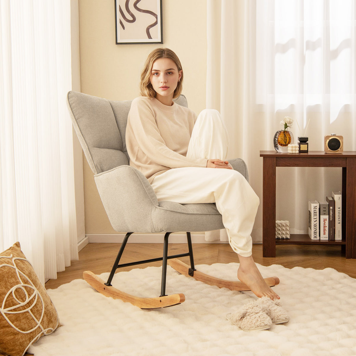 Linen Nursery Rocking Chair Modern Rocking Accent Chair with High Backrest-Beige