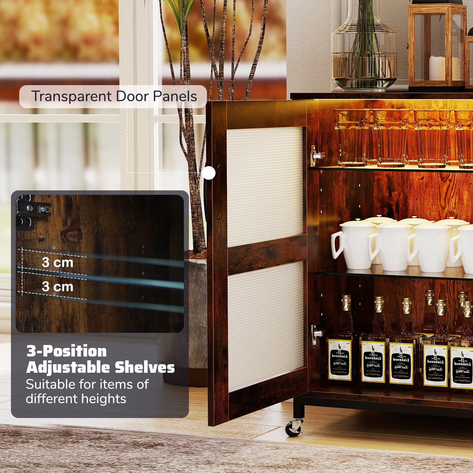 Liquor Buffet Sideboard with LED Lights and Glass Holders-Rustic Brown